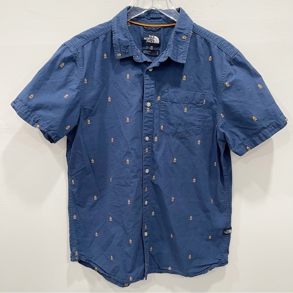 The North Face Short Sleeve Button Down Shirt Blue Men’s Large Bonfire Campfire - Picture 1 of 8